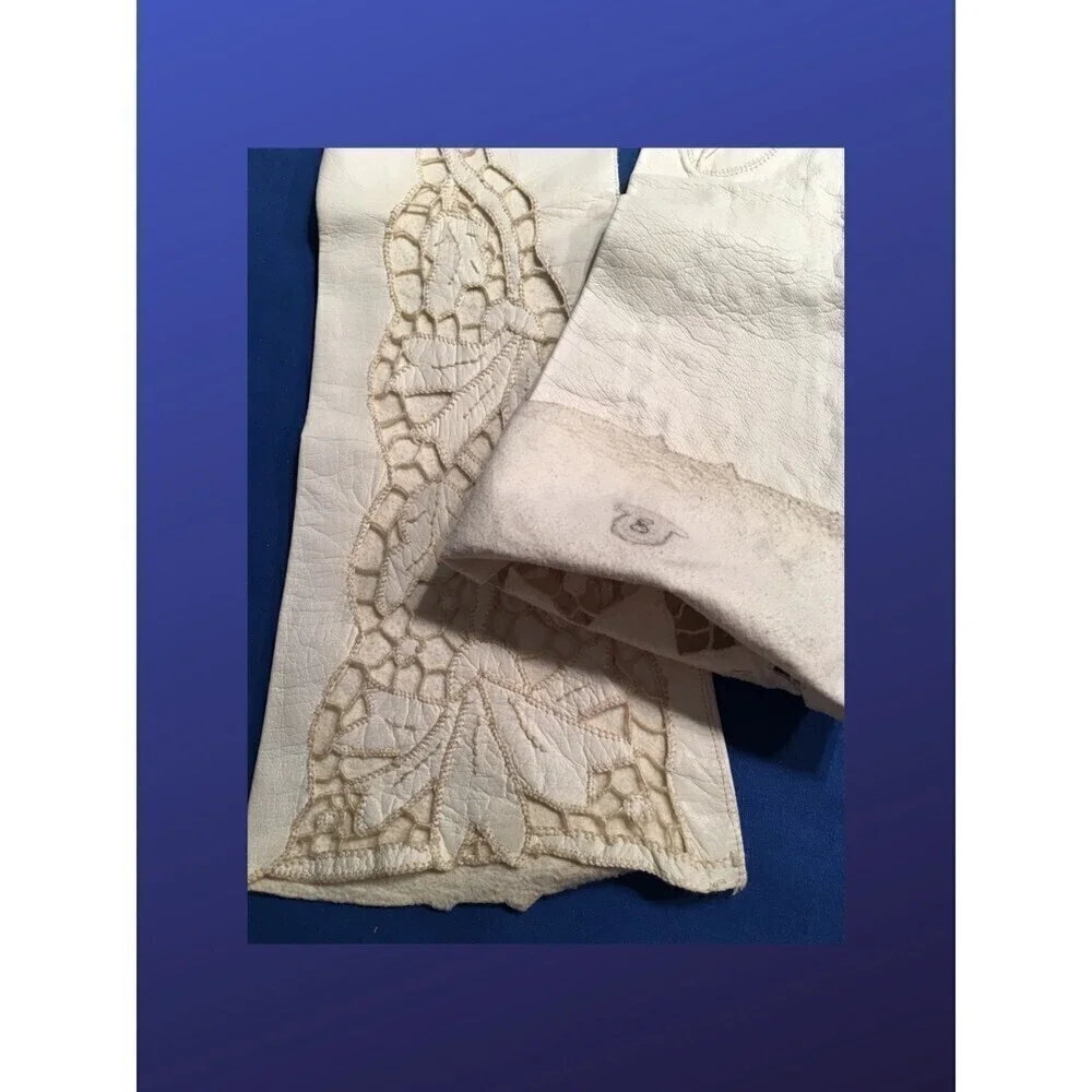UNBRANDED 100% Leather Kid Gloves w/Crochet Lace, Size M, CREAM, Pre-owned, EUC